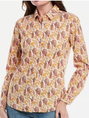 J. McLaughlin Lois Button Up Cotton Shirt with Peacock Floral Bird Print